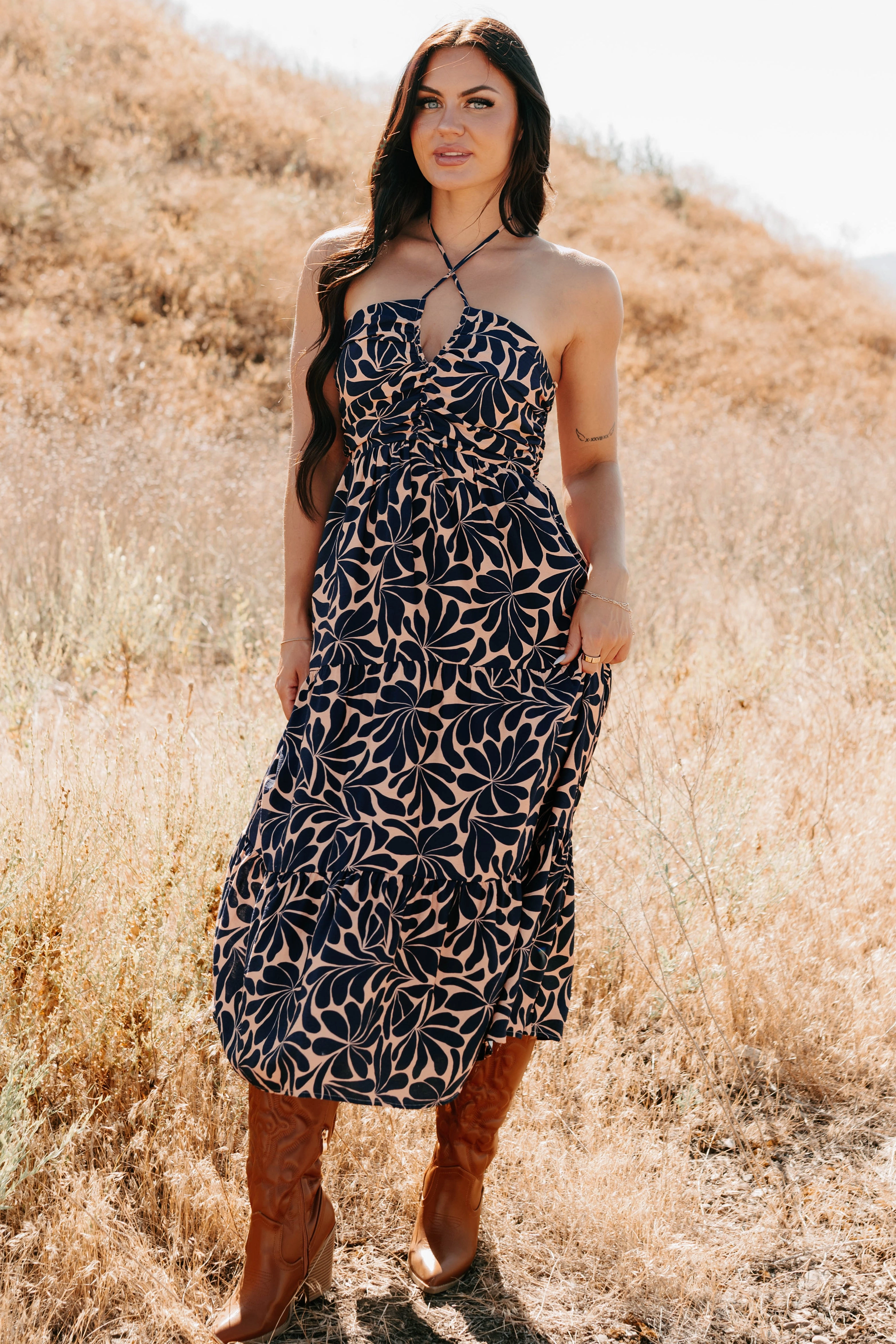 Fresh Motion Purpose Driven Printed Halter Midi Dress (Navy/Clay)