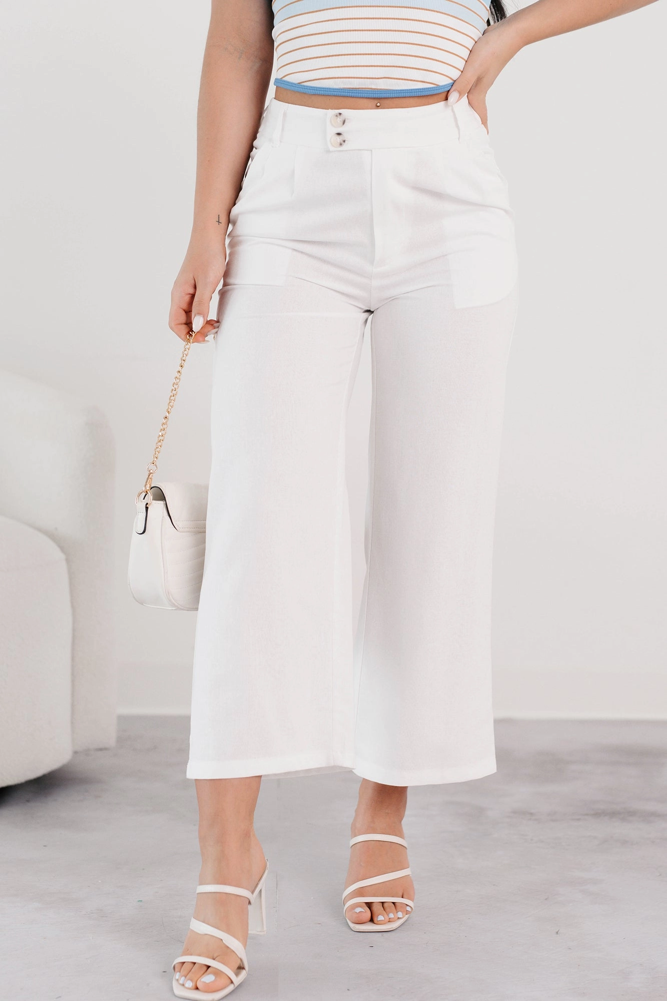Put-together Poise Linen Cropped Pants (White) DurablePolyester Simple Style