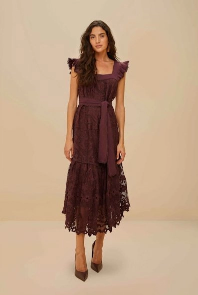 Layering Comfort Pineapple Guipure Brown Midi Dress