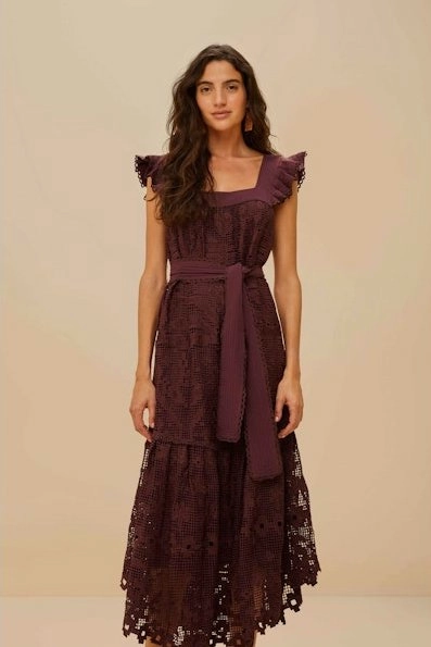 Pineapple Guipure Brown Midi Dress Soft Texture Smooth silhouette