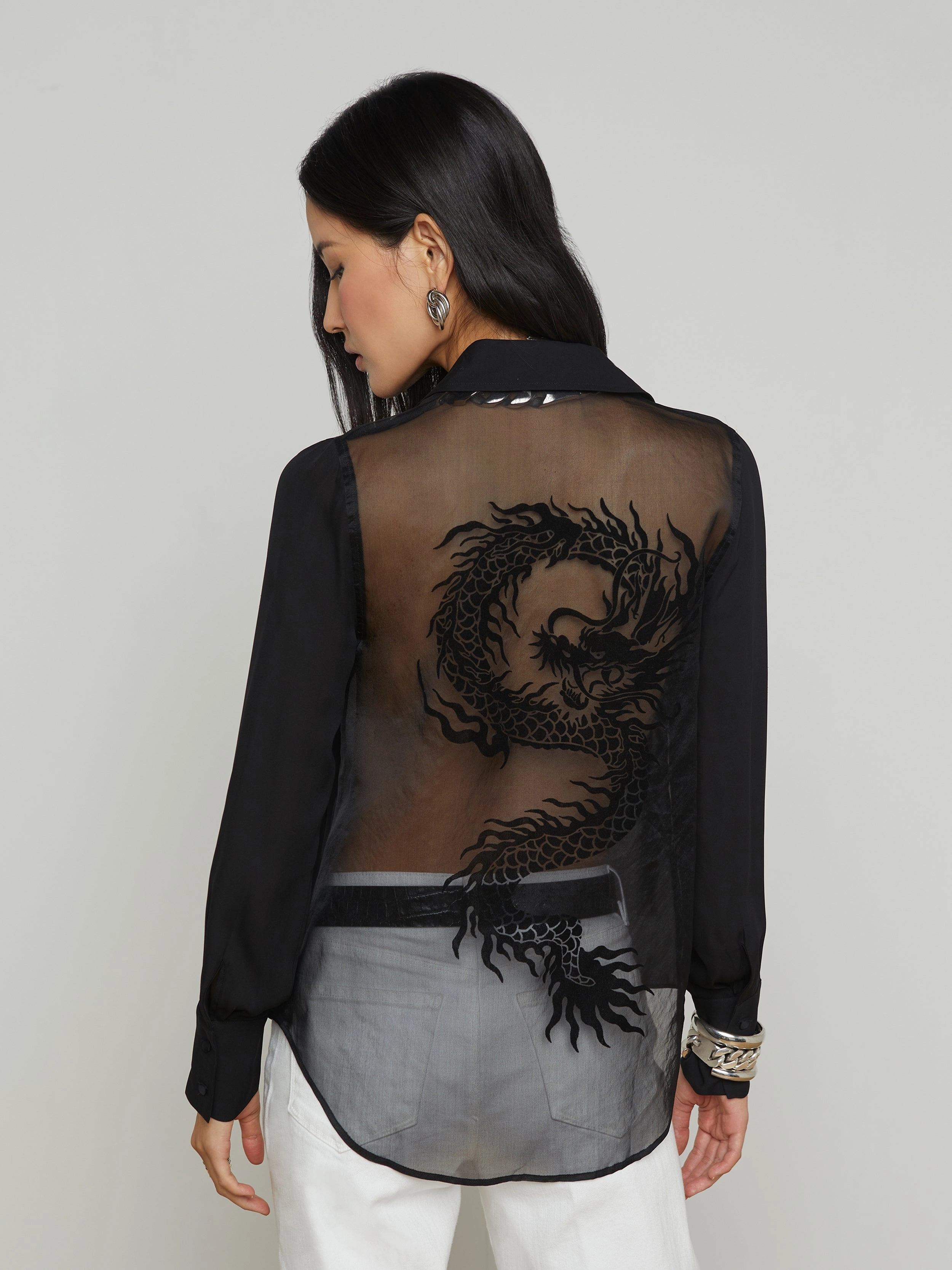 Hailie Silk Dragon Blouse Black AntiPillingTechnology
