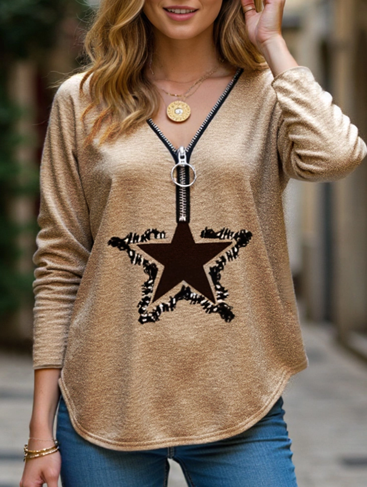 zippered v-neck long-sleeved pullover loose shirt Quick Dry Feature MeshPanelIntegration