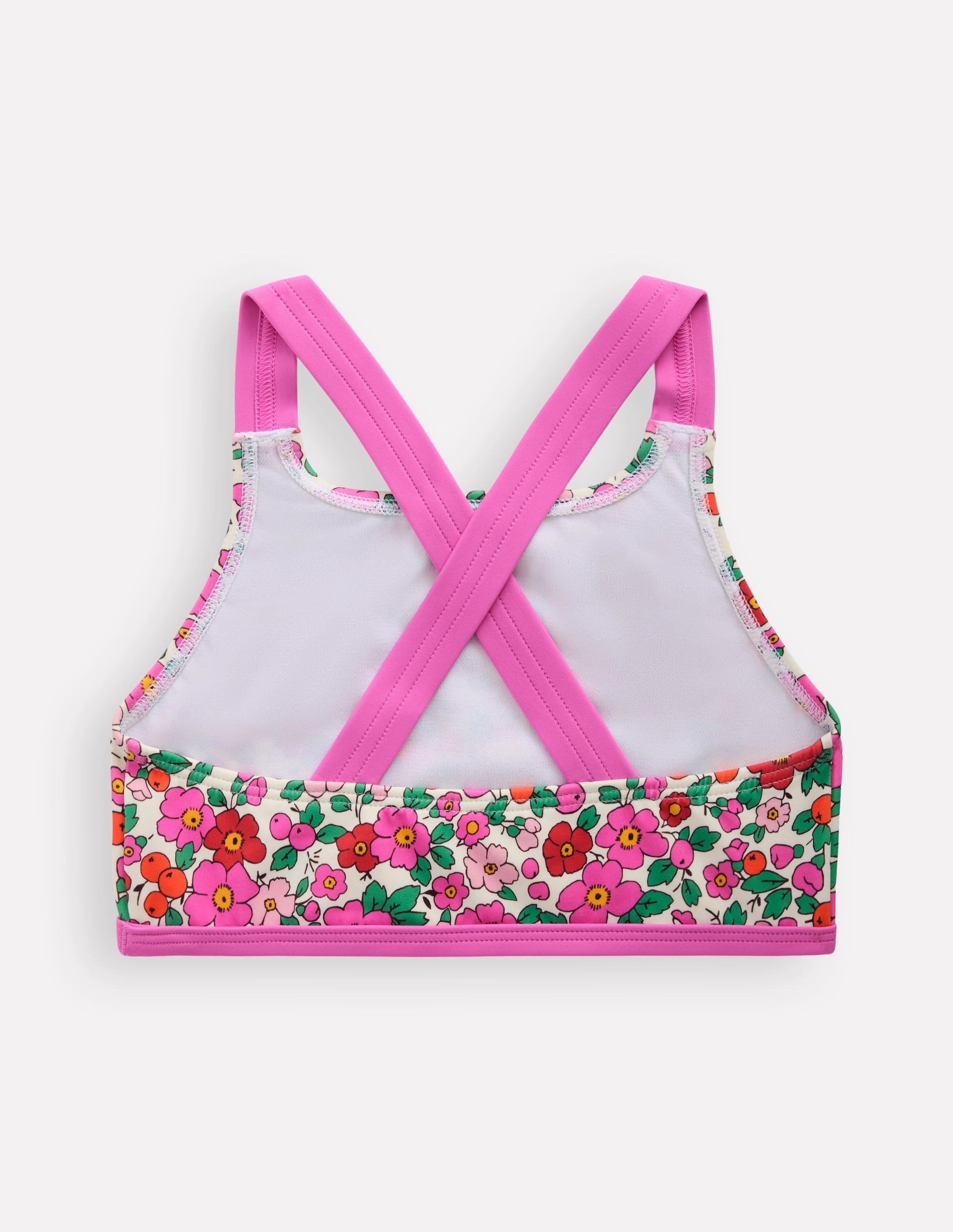 Cross-back Bikini Top-Pink Apple Blossom Floral Seamless Bonding Technology Tummy Control Panel