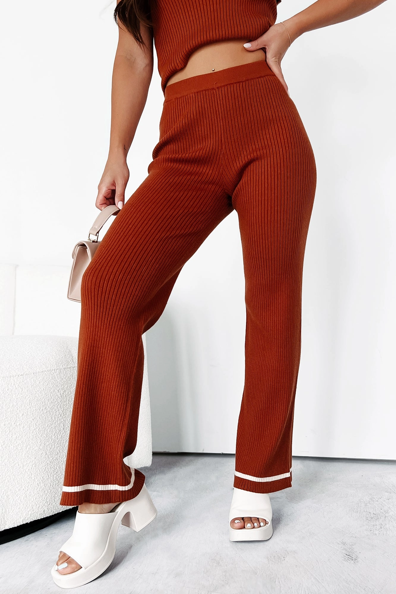 Crisp Leaves Ribbed Knit Straight Leg Pant (Rust) Smart Stretch stain resistant coating