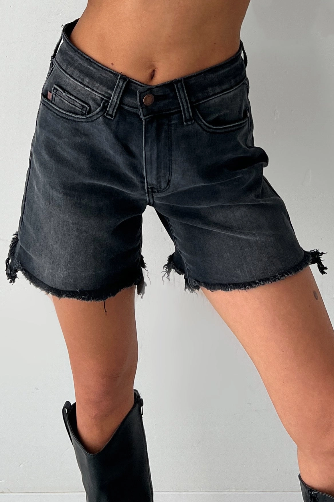 Rhysand Mid Rise Judy Blue Cut Off Dad Shorts (Black) skateboarding gear Performance Wear