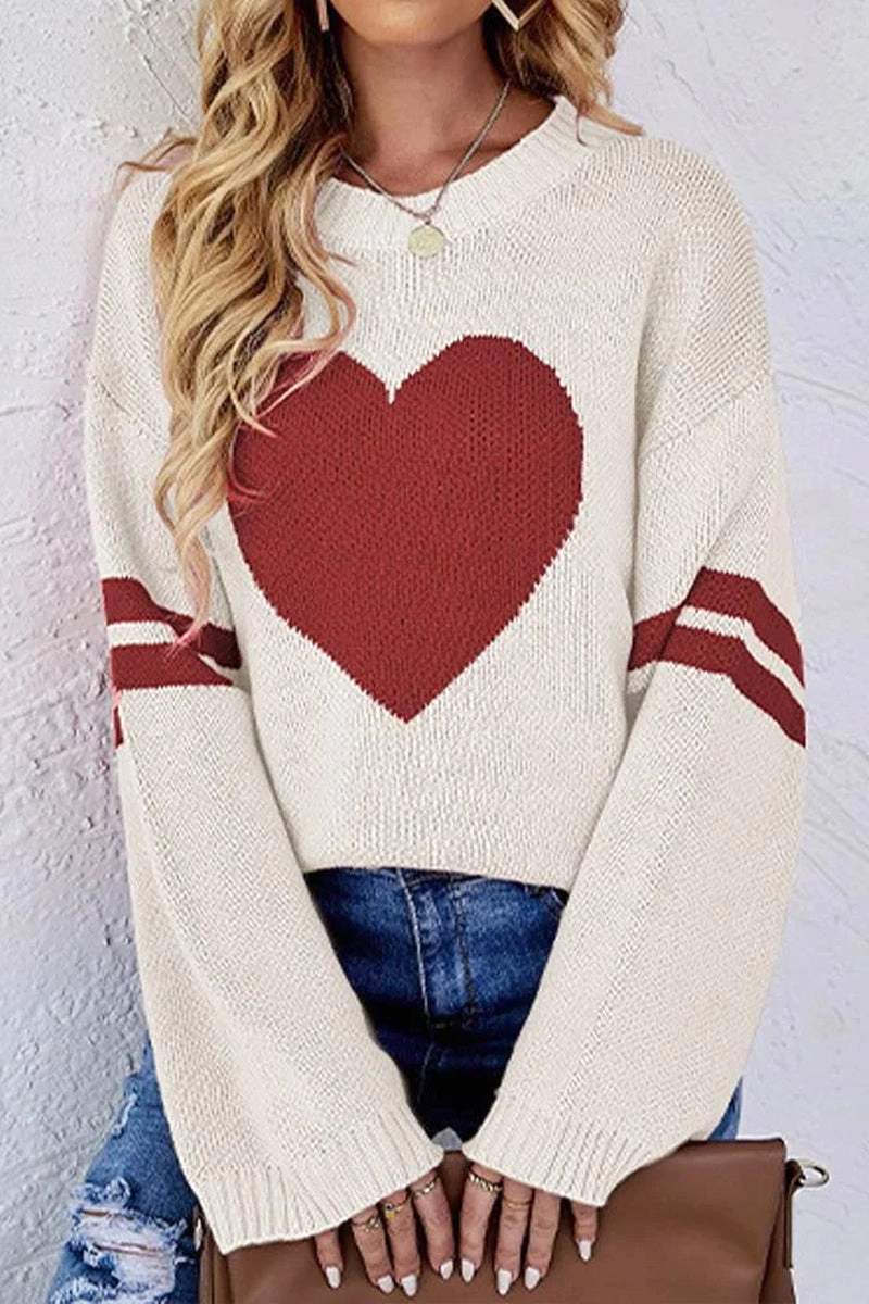 WOMEN OVERSIZED HEART PRINTING RIBBED PULLOVER TOP HighElasticity DoubleLayeredShoulders