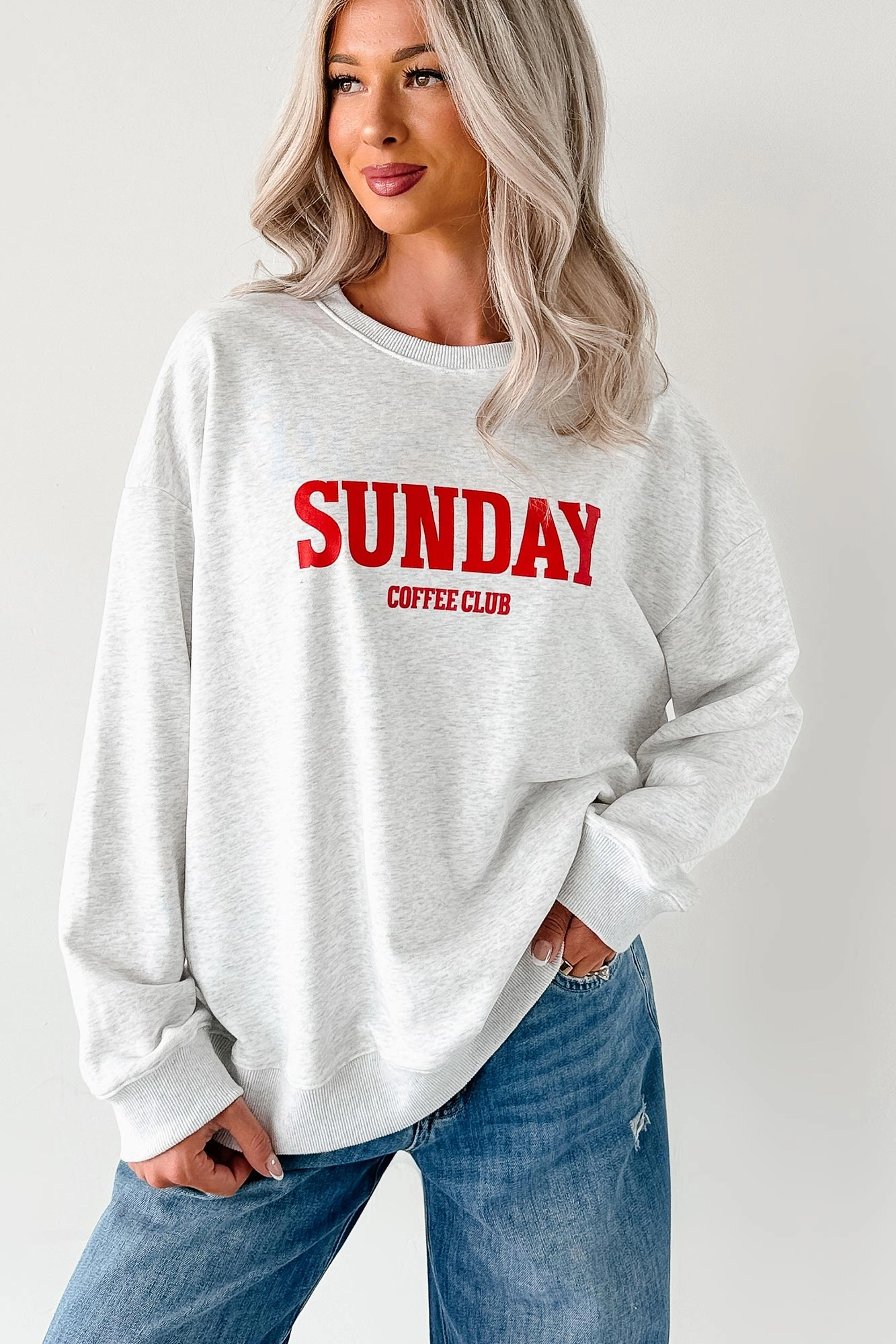 "Sunday Coffee Club" Graphic Sweatshirt (Heather Grey) Erasable Surface Coating SheerLayering