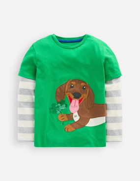 Applique Mock Sleeve T-Shirt-Sapling Green St Paddys Dog Adjustable Fit System