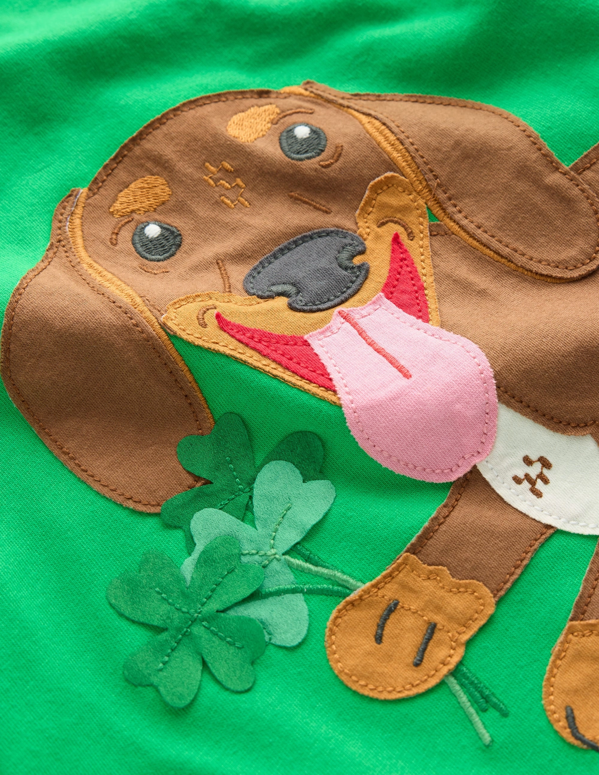 Applique Mock Sleeve T-Shirt-Sapling Green St Paddys Dog Flatlock Seam