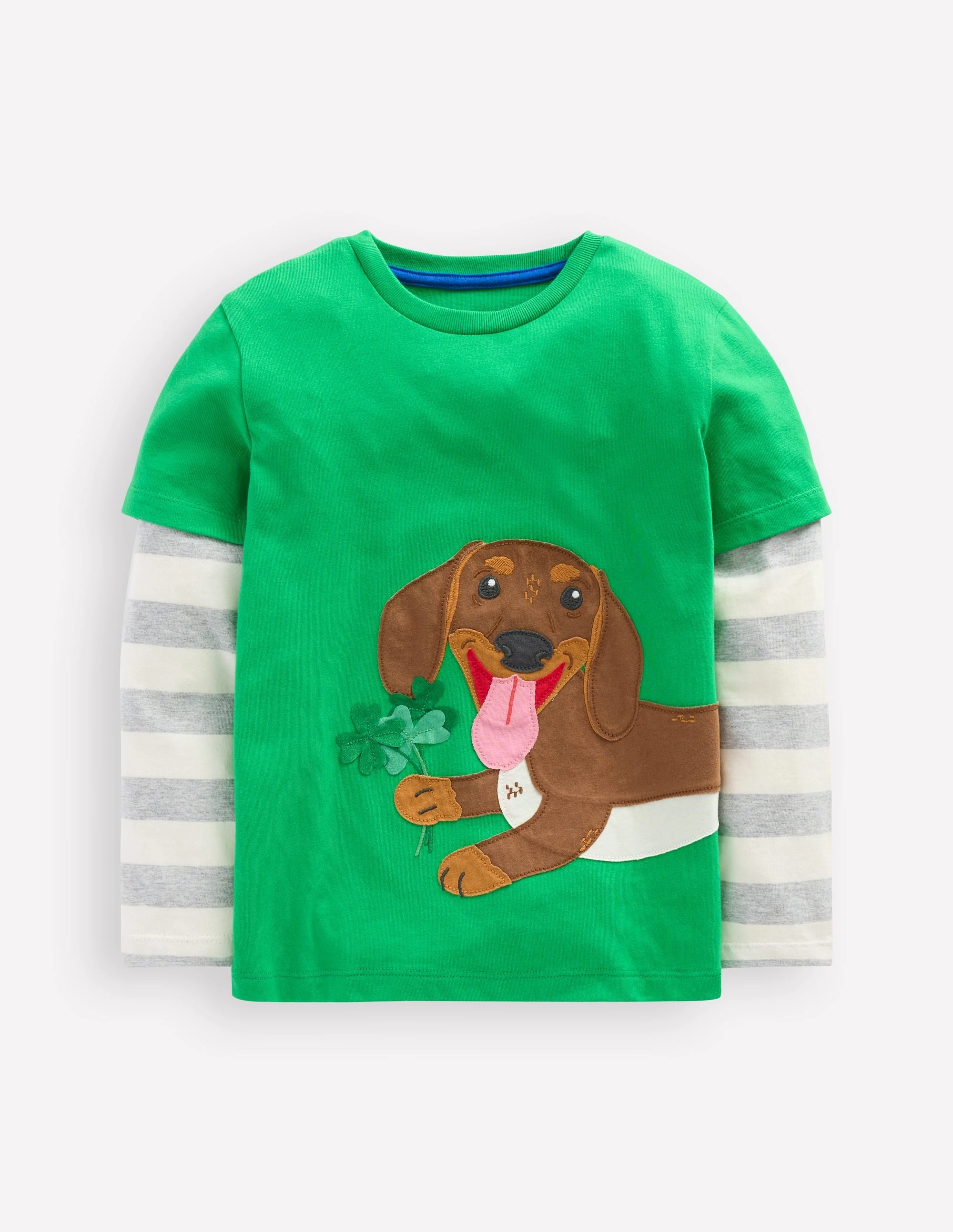 FadeResistant Dye Garment Washed Finish Applique Mock Sleeve T-Shirt-Sapling Green St Paddys Dog