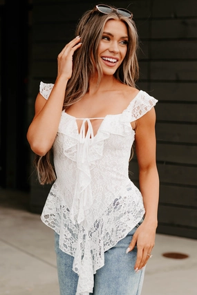 CompactSize Everyday Style Soft Serenade Ruffle Lace Top (Off White)