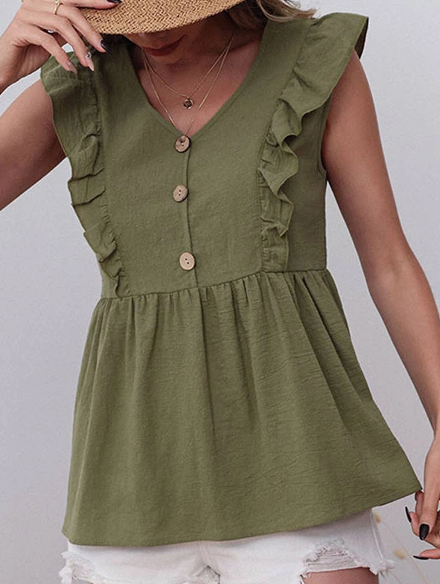 Formal top COTTON AND LINEN SLEEVELESS V-NECK BLOUSE_CWTBLSL0204