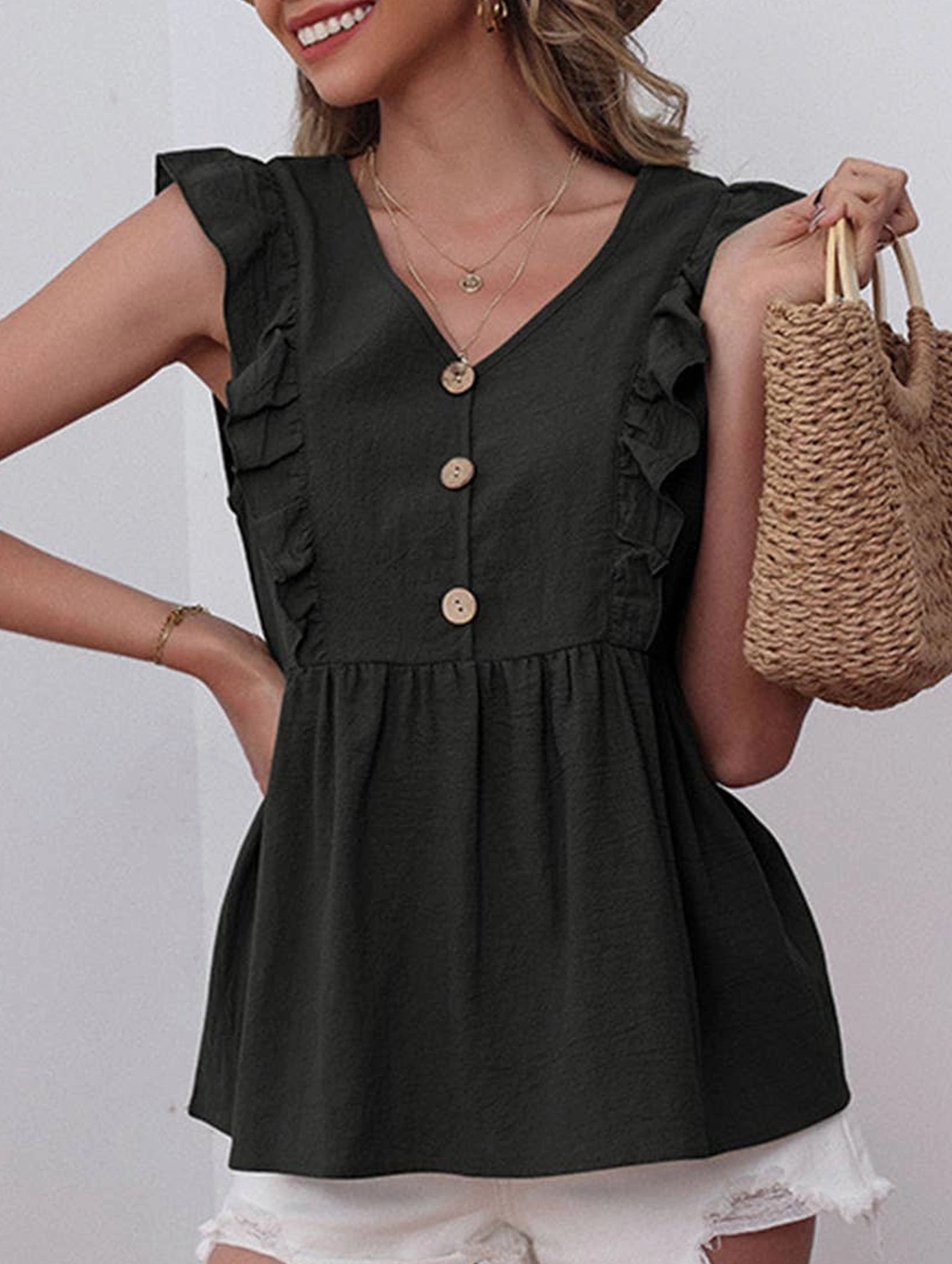 COTTON AND LINEN SLEEVELESS V-NECK BLOUSE_CWTBLSL0204 Quick Access Pockets