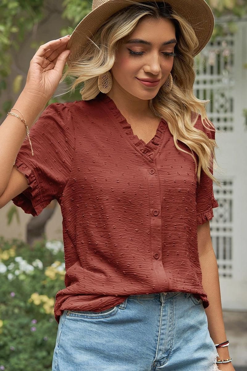 YarnDyedFabric Thermal regulation LACE V NECK PRINCESS SLEEVES CHIFFON DOT BLOUSE