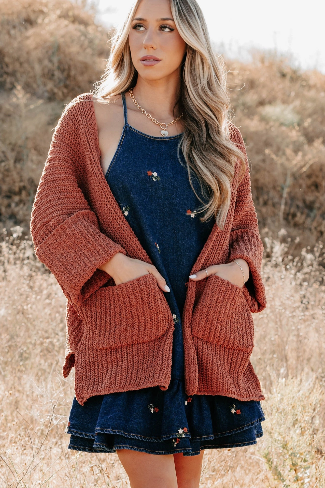 RibbedTrims Multi Directional Mobility Quiet Times Cuffed Sleeve POL Cardigan (Brick)