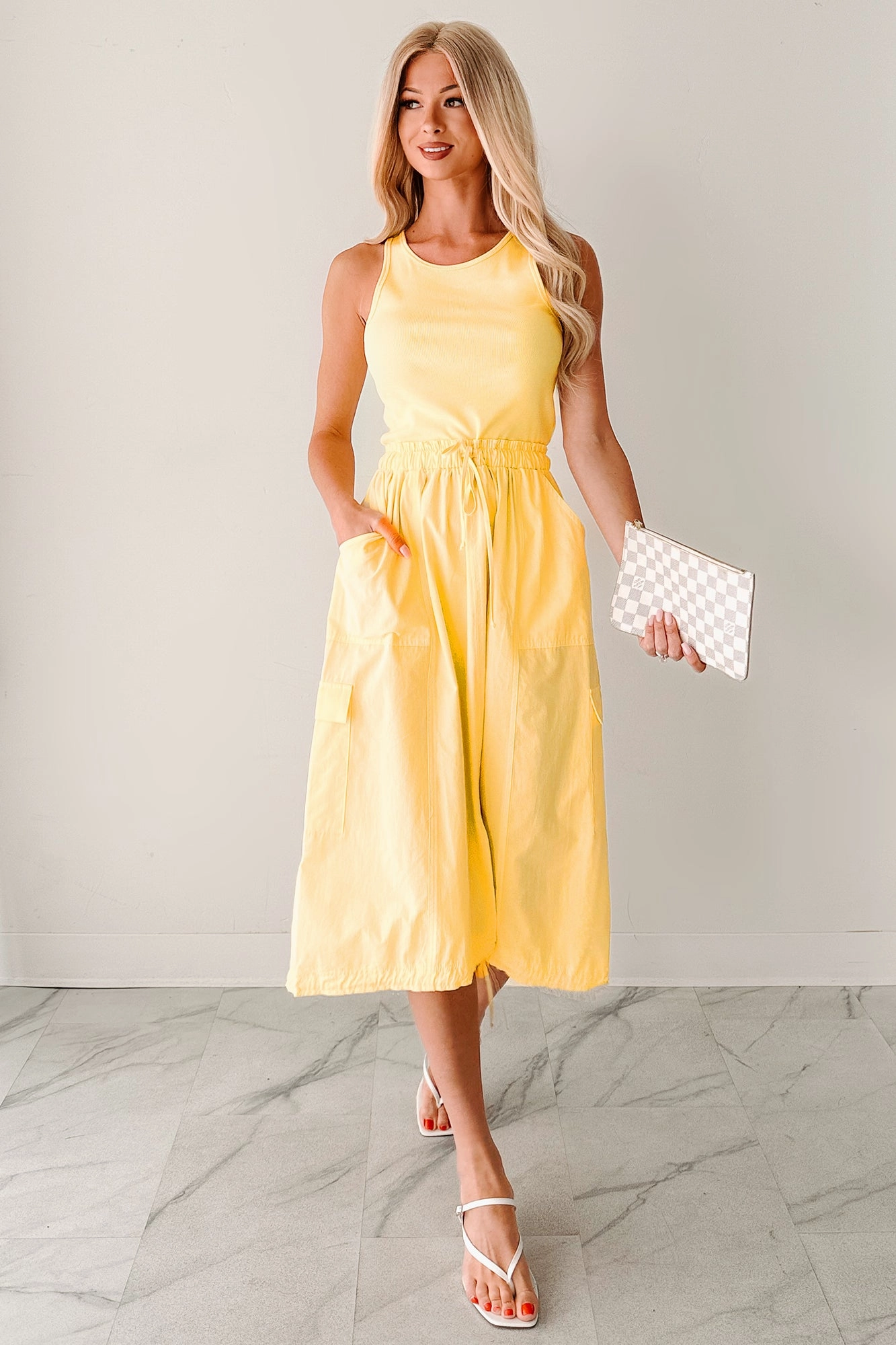 Office Glam Day Ready Quietly Extra Sleeveless Cargo Midi Dress (Yellow)