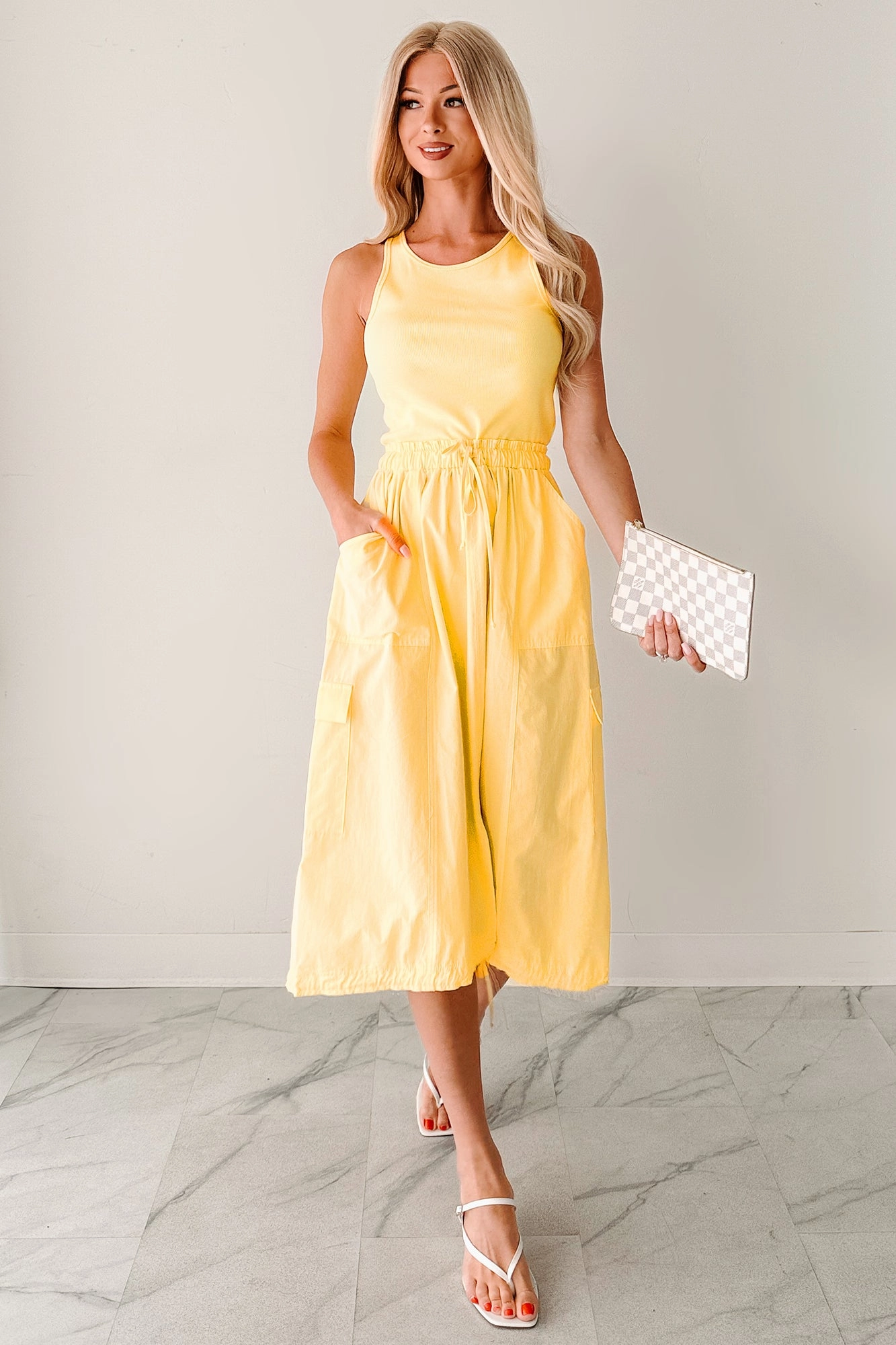 Quietly Extra Sleeveless Cargo Midi Dress (Yellow) Lightweight Fit