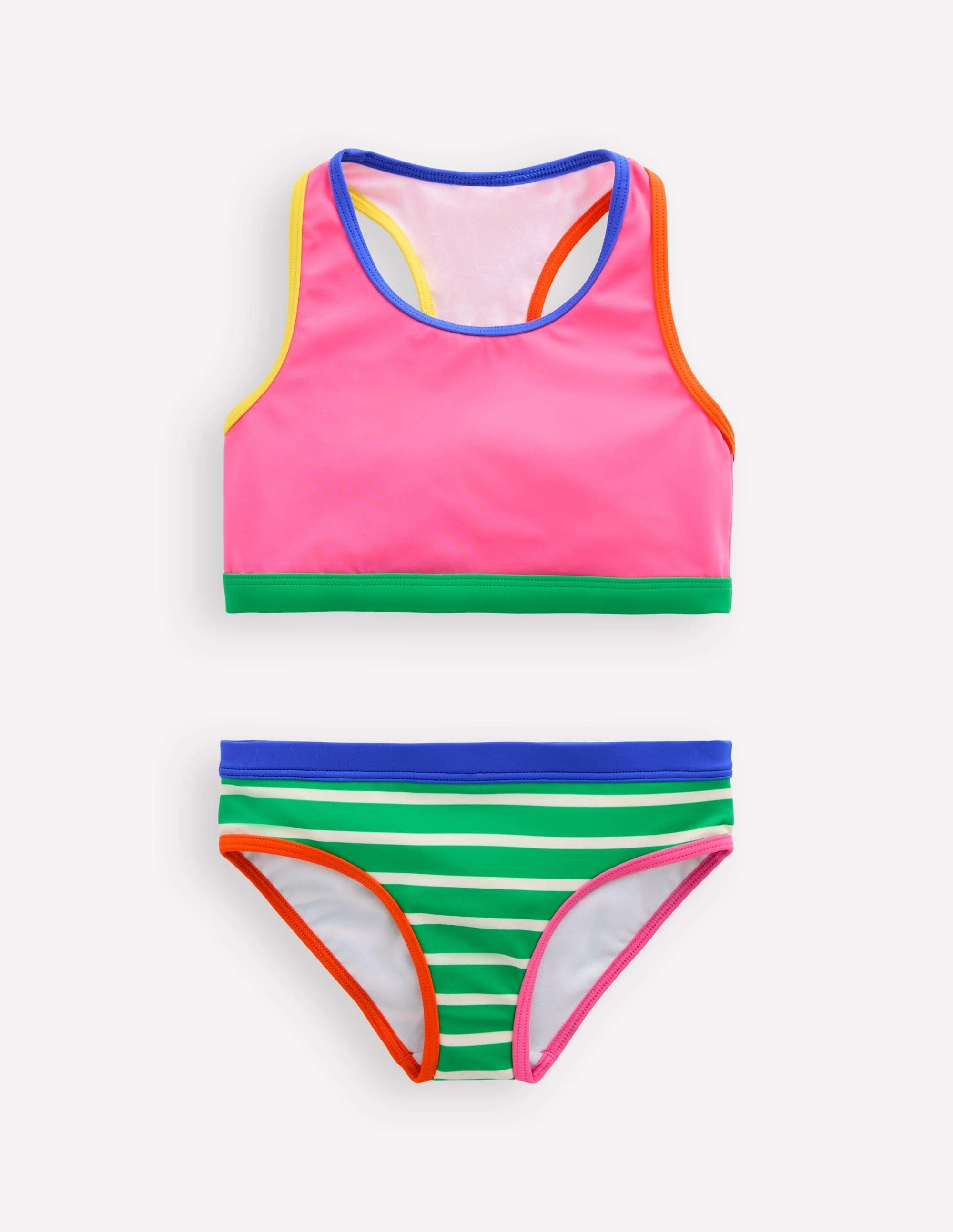 Anti Chafing Edges Soft Elasticity Racerback Bikini-Flamingo Pink/Pea Green Stripe