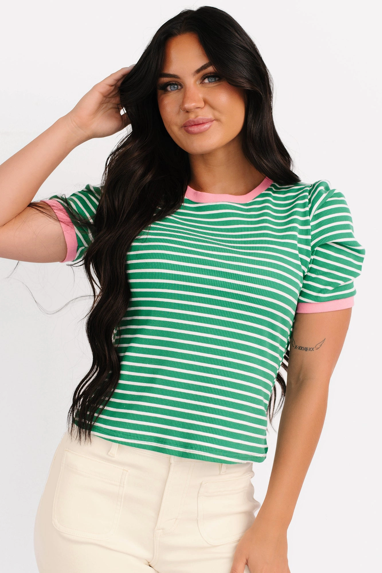 Daring Heart Striped Pleated Sleeve Top (Green/Pink) TumbleDryFriendlyMaterial EasyCare Material