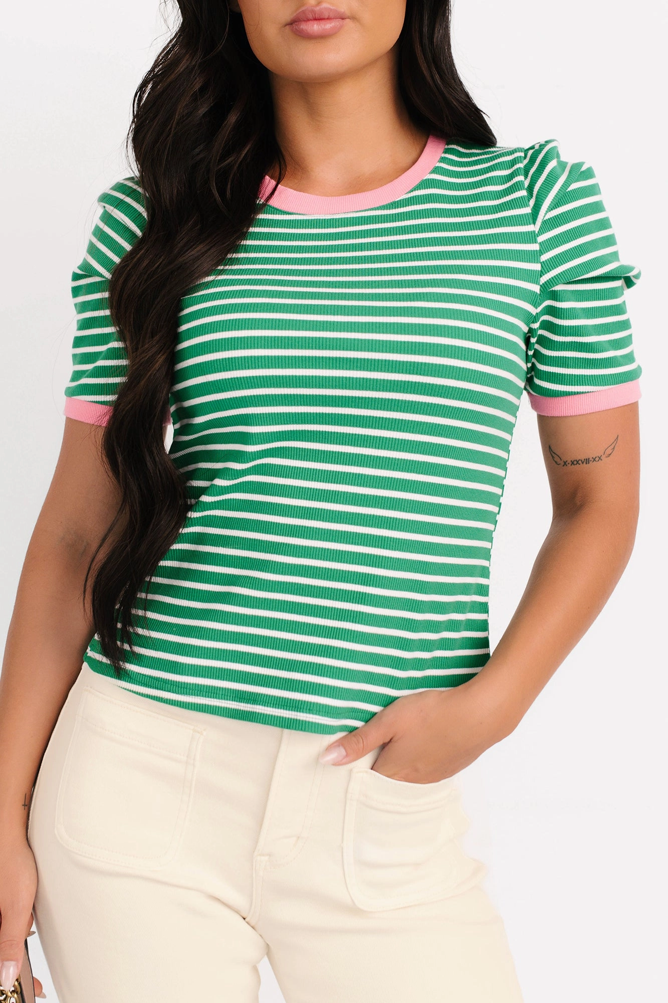 Daring Heart Striped Pleated Sleeve Top (Green/Pink) FlexibleCuffs