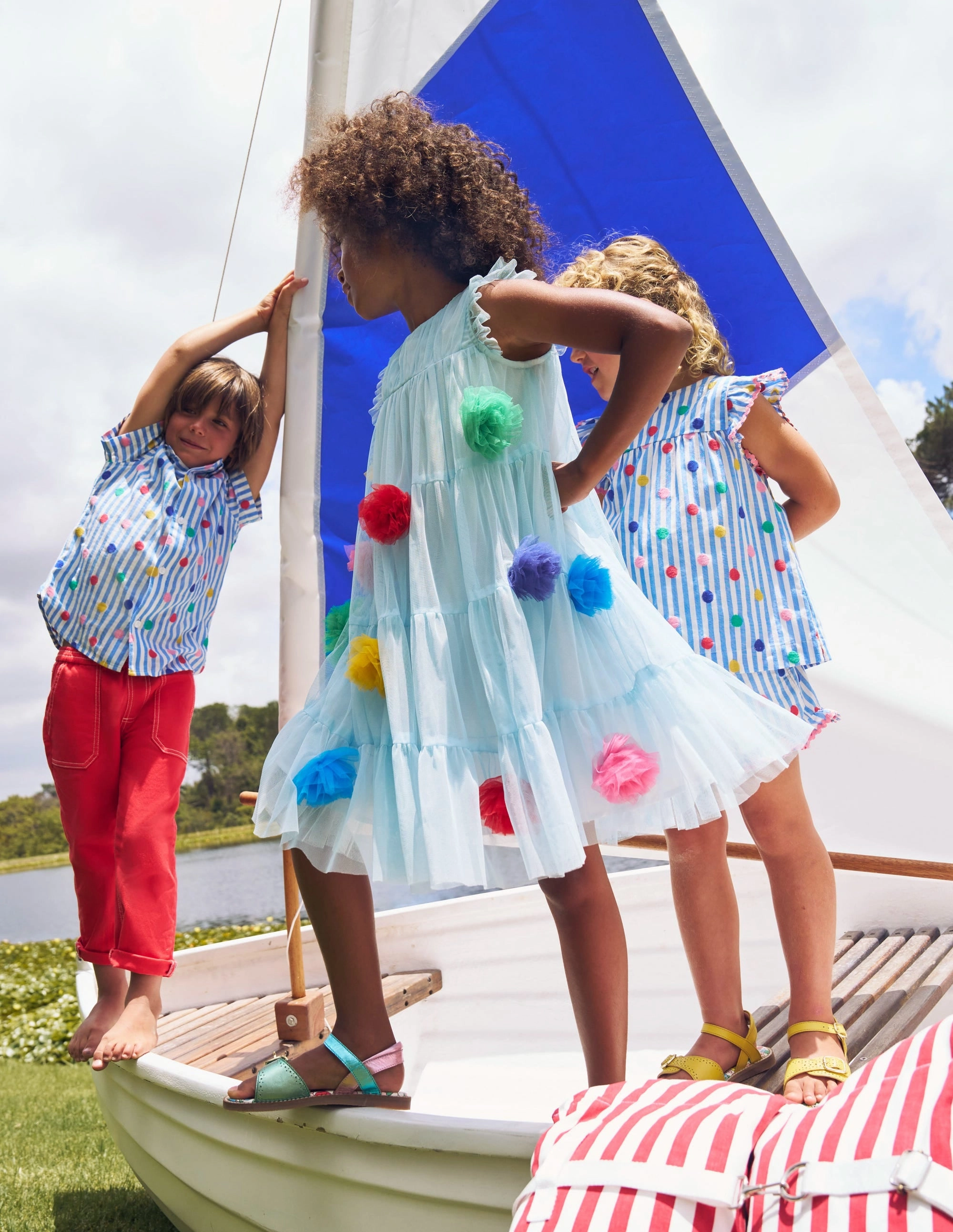 Smooth Surface Free Step Rainbow Ombre Tulle Dress-Blue Multi Pom