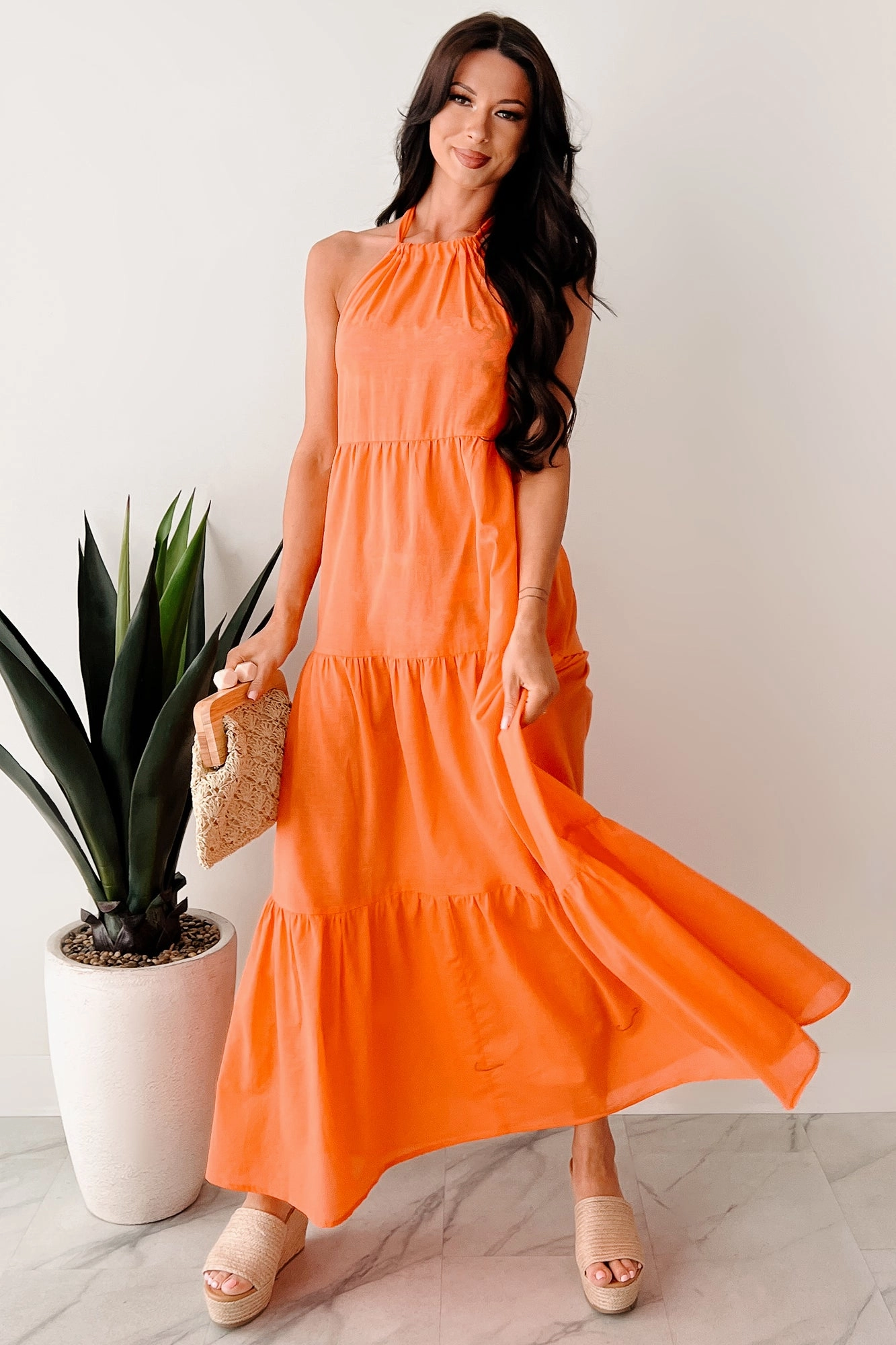 Reach To The Skies Halter Maxi Coverup Dress (Orange) Flattering Comfort Wear