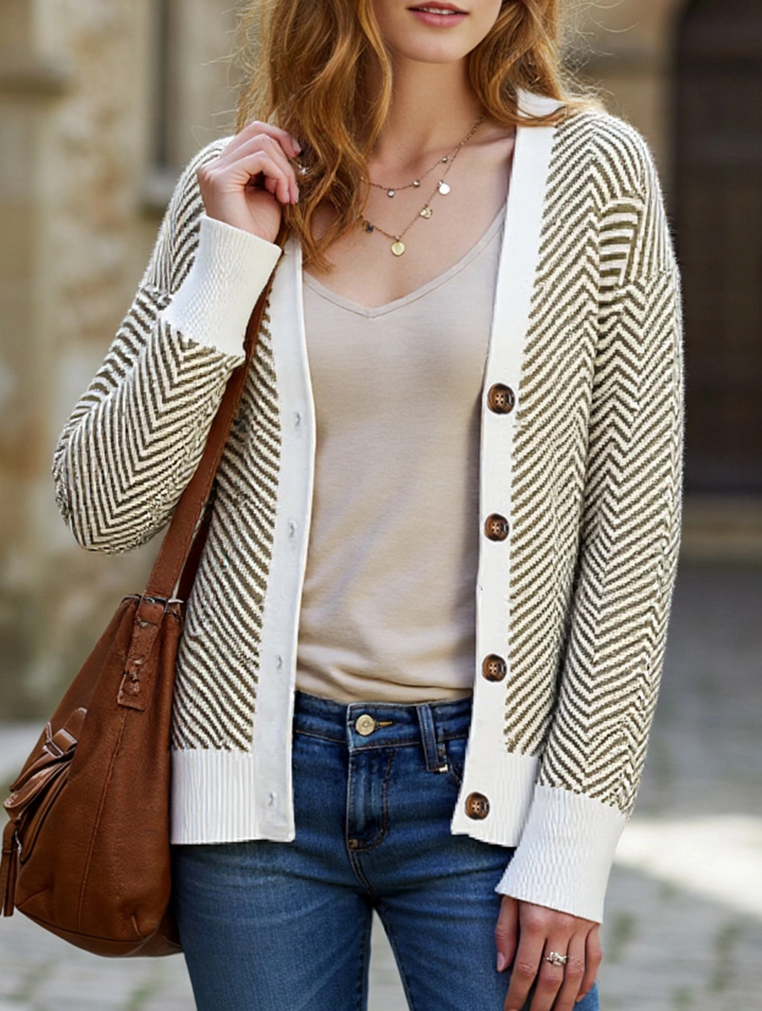 FlexibleWaistband Striped V-neck loose knit cardigan