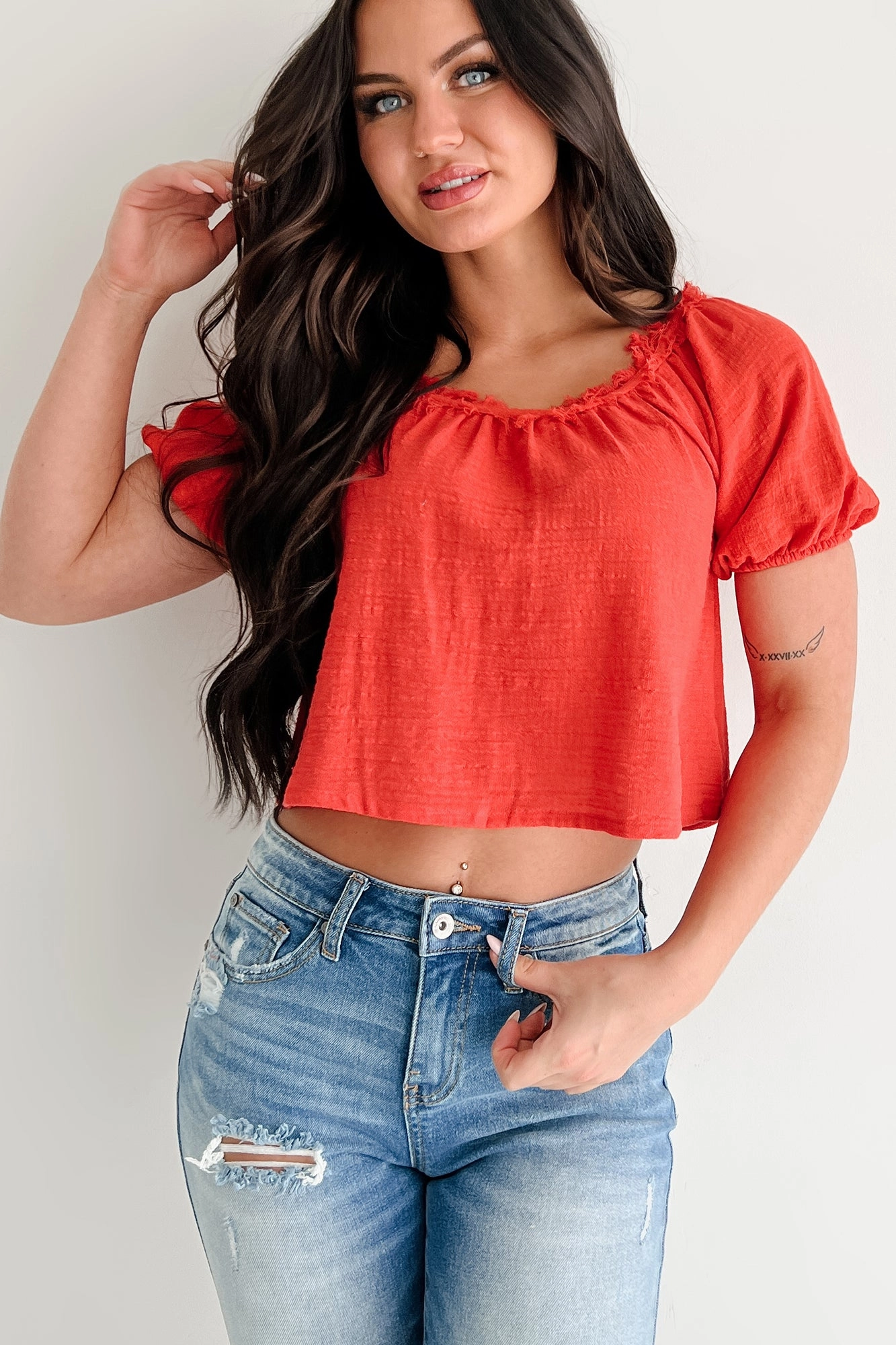 Cool Fabric DoubleLayered Heart In The Clouds Puff Sleeve Top (Coral)