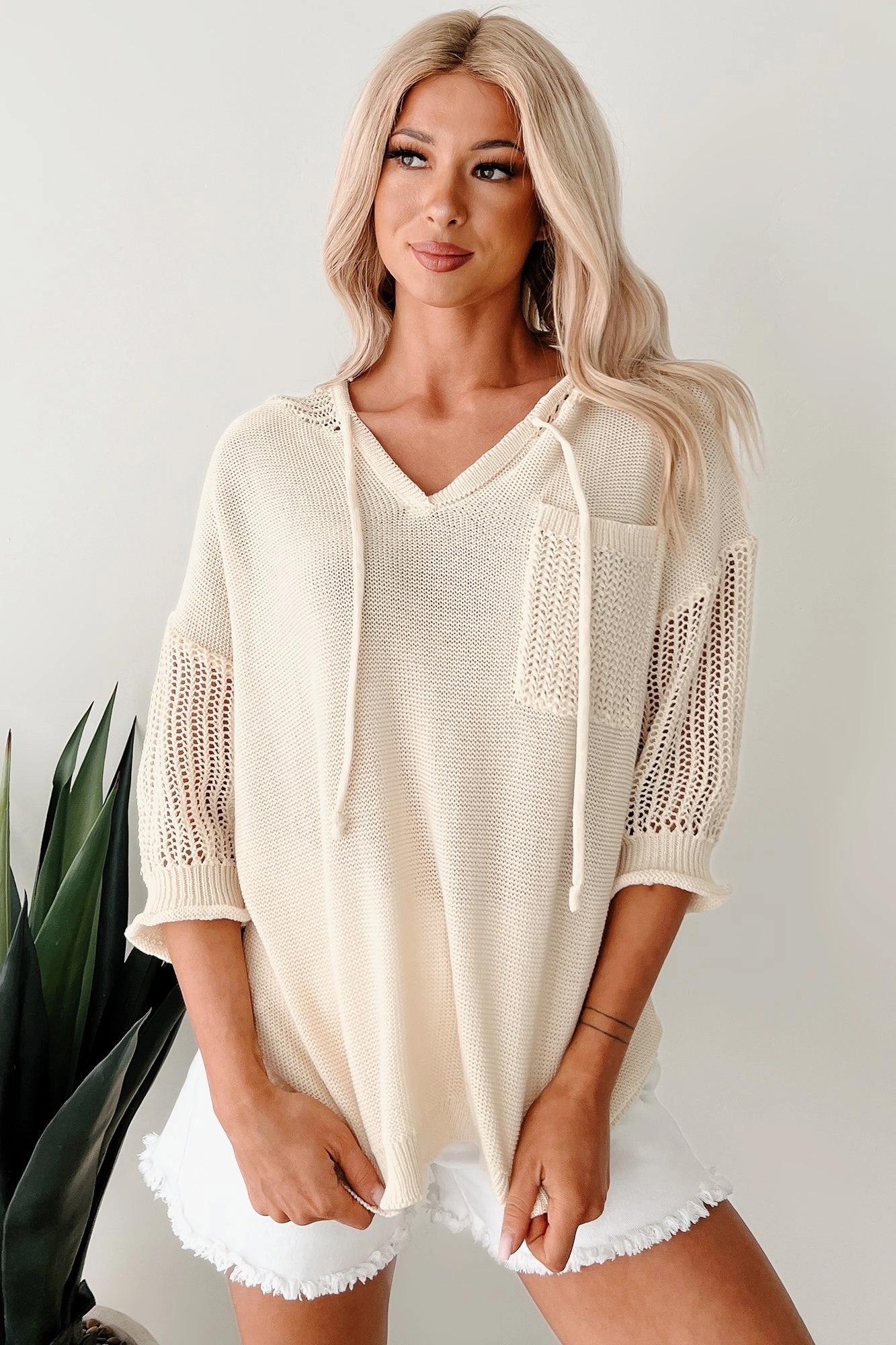 Mesh Lining Softly Spellbound Sheer Knit Hoodie Sweater (Cream)