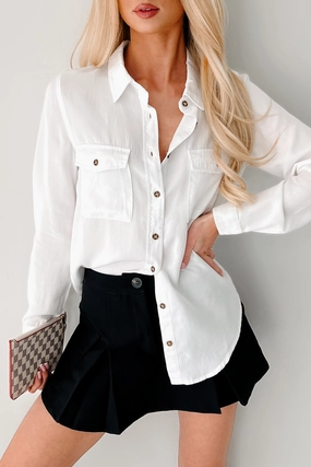 MicrofiberBlend Nothing Fancy Long Sleeve Buttoned Top (White)