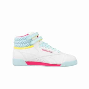 Soft Material REEBOK V63067 F/S HI JR'S (Medium) White/Pink/Cool Blue Leather Lifestyle Boots