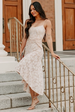 Refined Charm High Low Floral Jacquard Maxi Dress (Blush) Casual Chic Wear Balanced Light