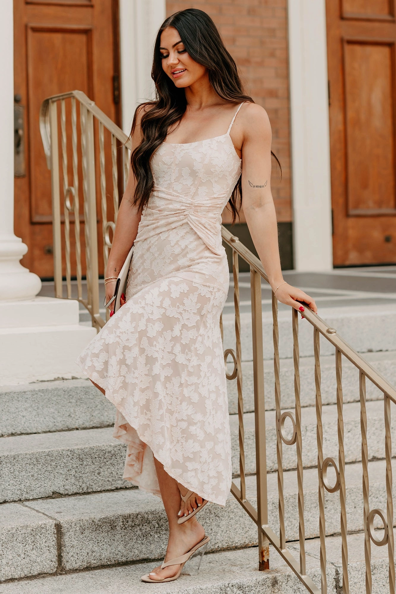 Refined Charm High Low Floral Jacquard Maxi Dress (Blush) Casual Chic Wear Balanced Light