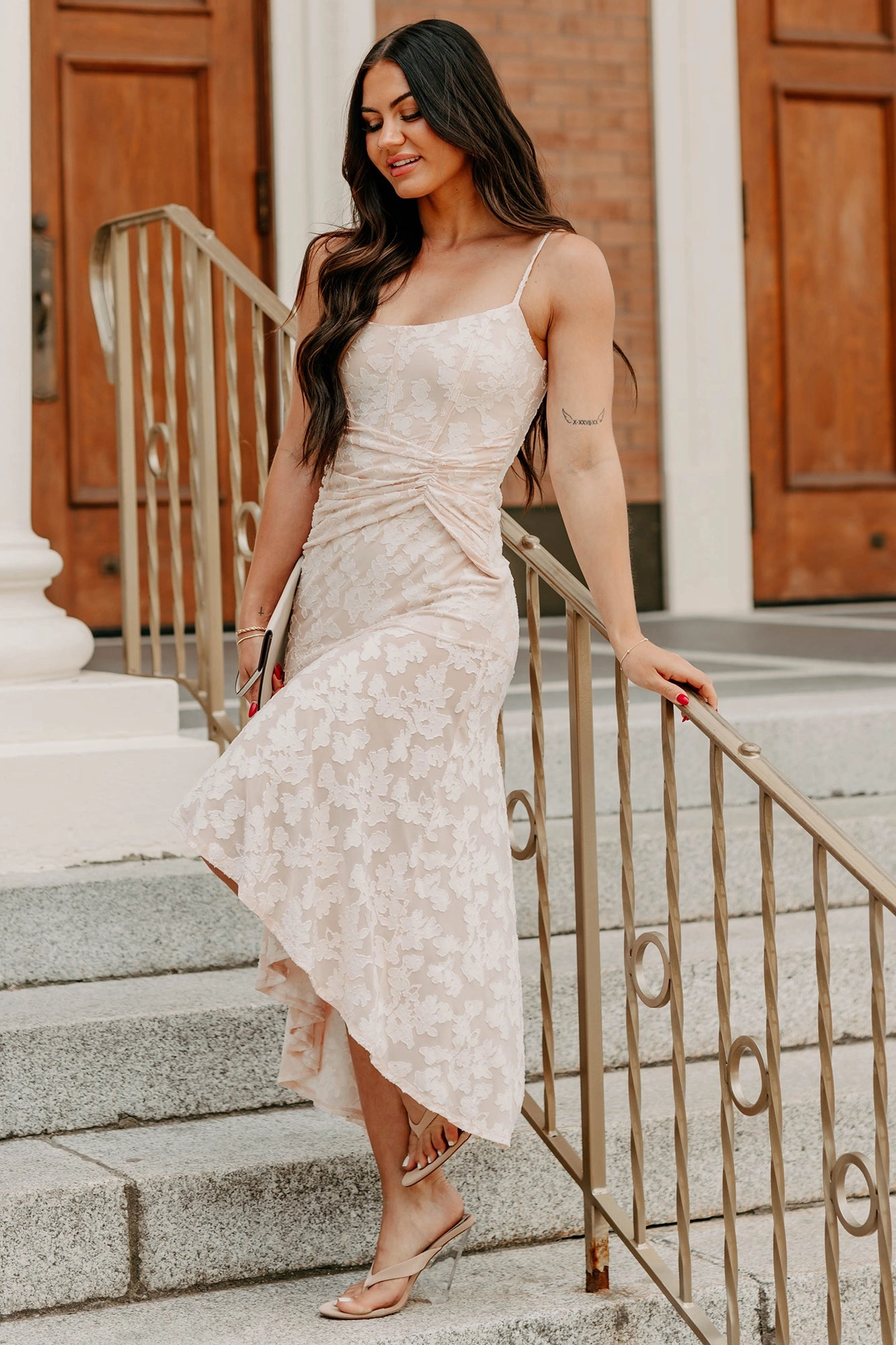 Light Volume All Season Style Refined Charm High Low Floral Jacquard Maxi Dress (Blush)