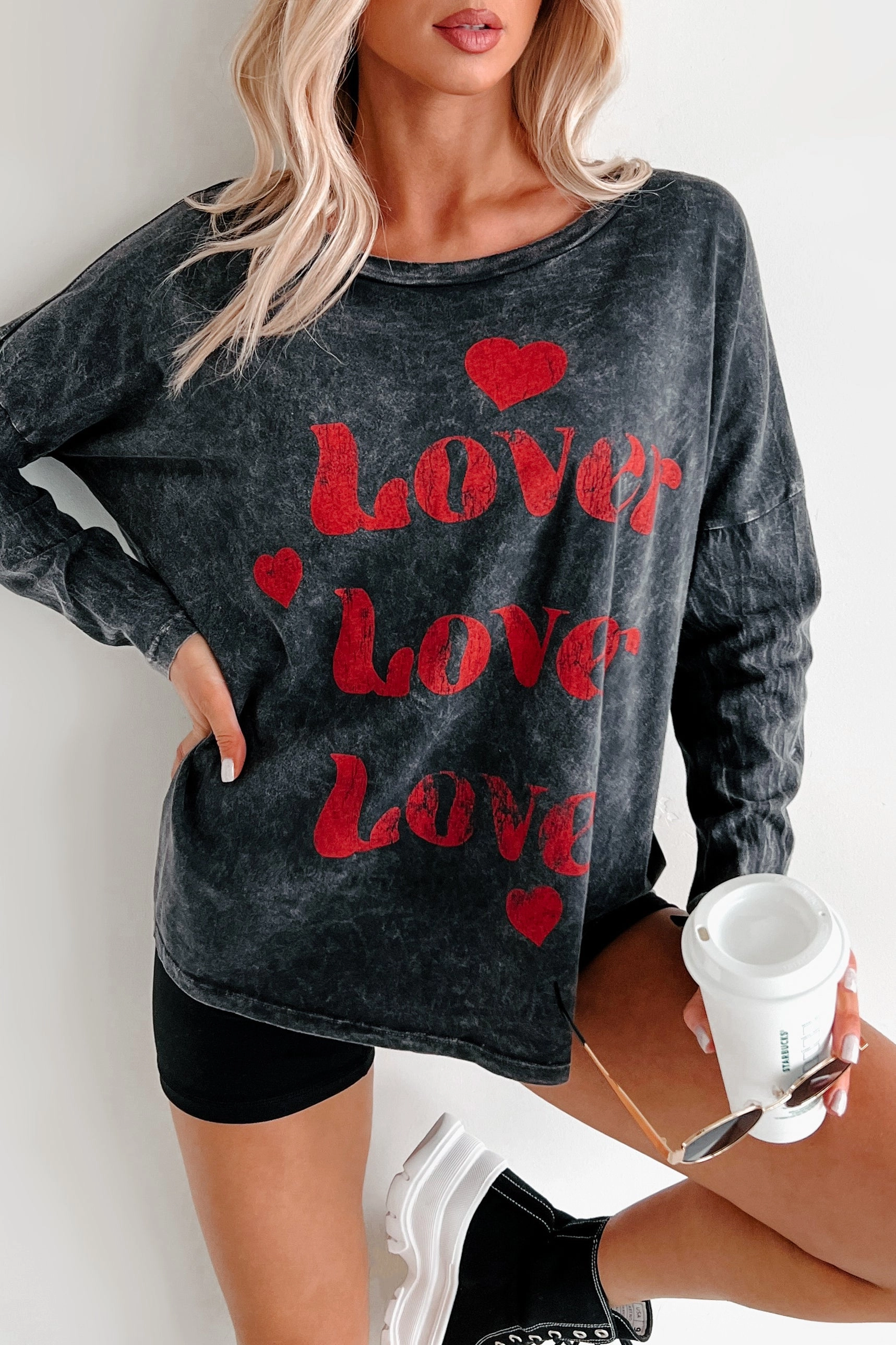 Be My "Lover" Acid Wash Graphic Top (Charcoal) Wrinkle Free Weave