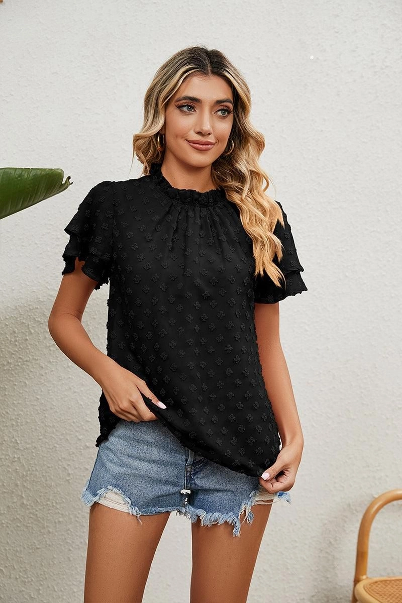 Trendy Shirt MinimalistStyle RUFFLED ROUND NECK JACQUARD WEAVE CHIFFON BLOUSE