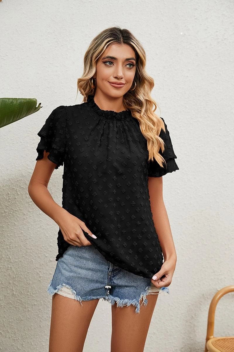 RUFFLED ROUND NECK JACQUARD WEAVE CHIFFON BLOUSE Flexible Knit