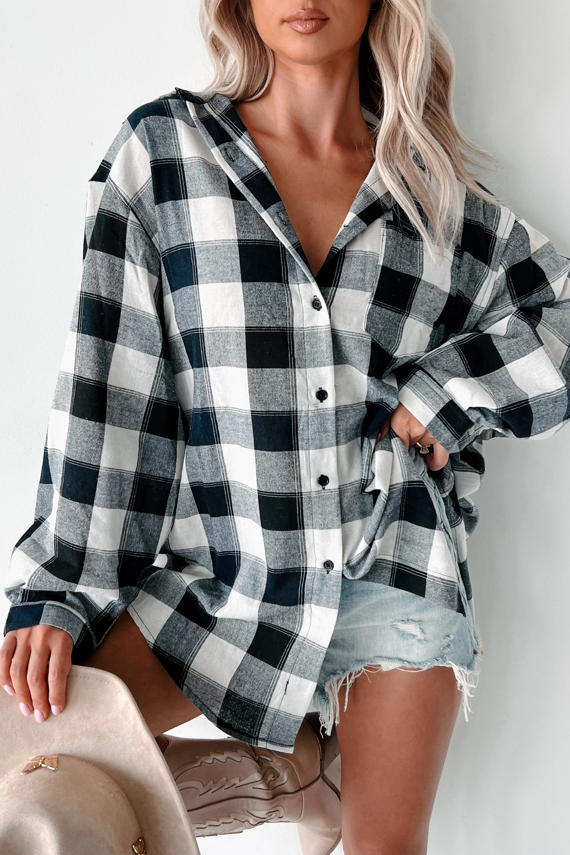 ContrastStitching Tear Resistant Just Being Myself Oversized Plaid Linen Shirt (Navy)