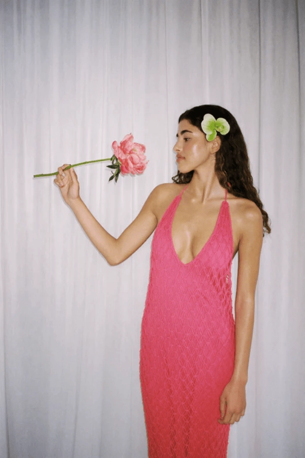 Photo Bright foldable Reis Macrame Maxi Dress Candy