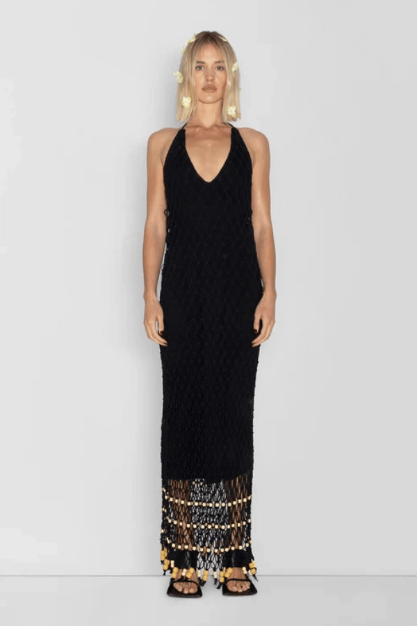 Reis Macrame Maxi Dress Noir Sleek long-sleeve dress Cocktail-Party