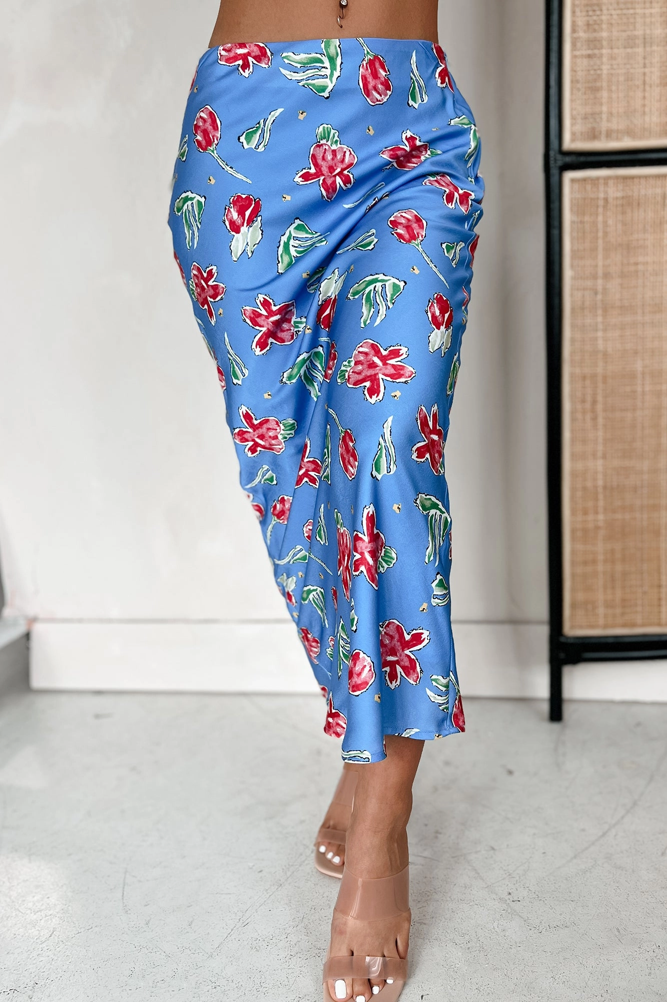 Feeling Flowerful Satin Floral Midi Skirt (Blue) Durable Wear Durable Seams
