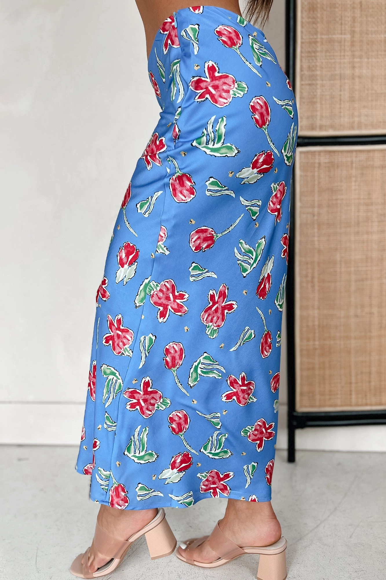 Feeling Flowerful Satin Floral Midi Skirt (Blue) Fresh Aesthetic Hygienic Coating