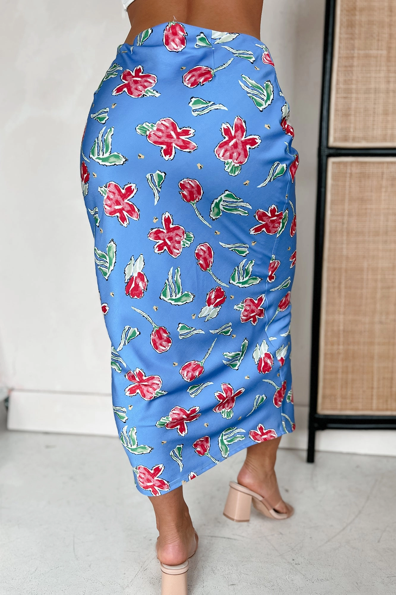 Feeling Flowerful Satin Floral Midi Skirt (Blue) Outfit Ideas Structured Shape