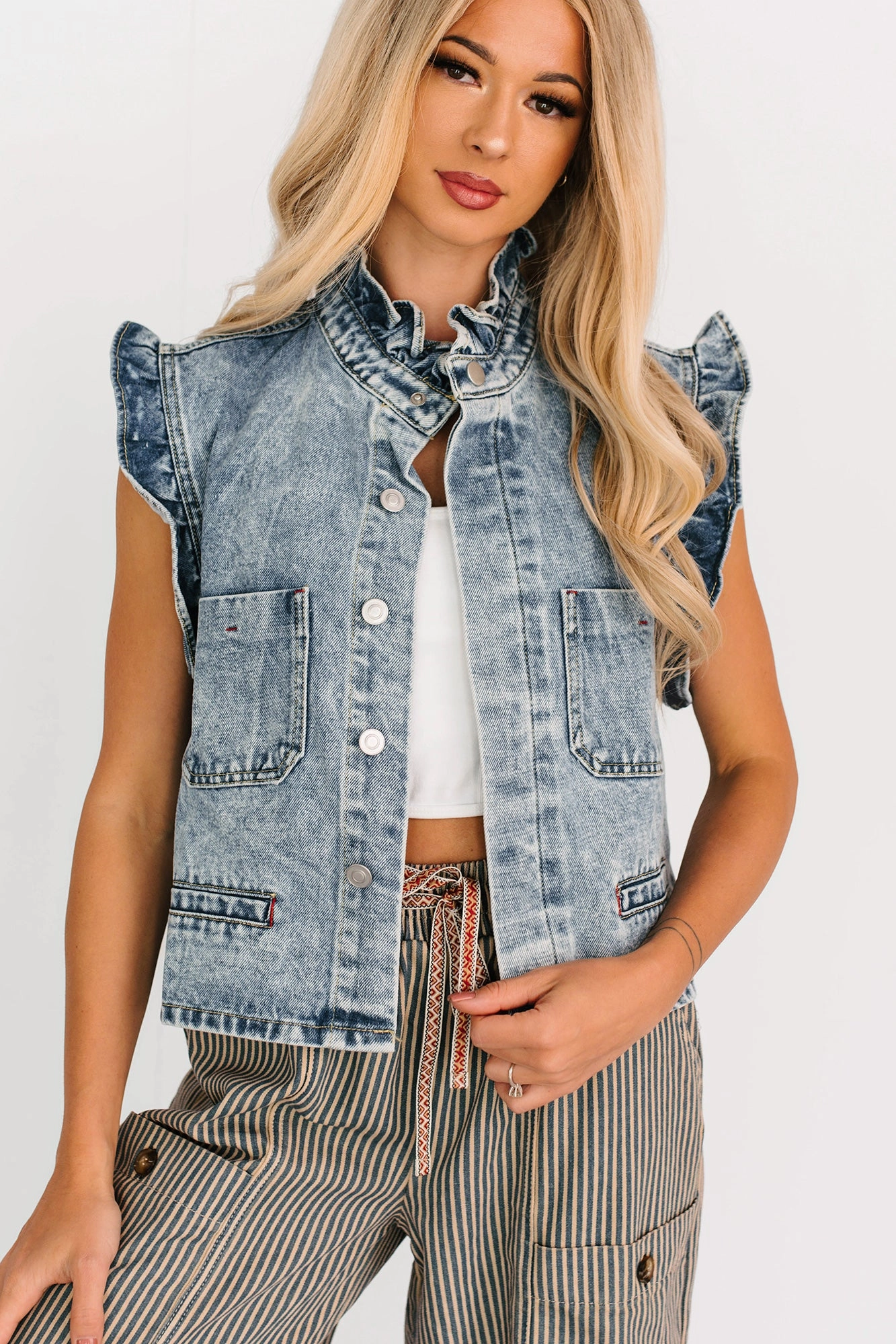 Loose Tee Wear Resistant Edge Our Last Dance Ruffle Denim Vest Top (Light Denim)