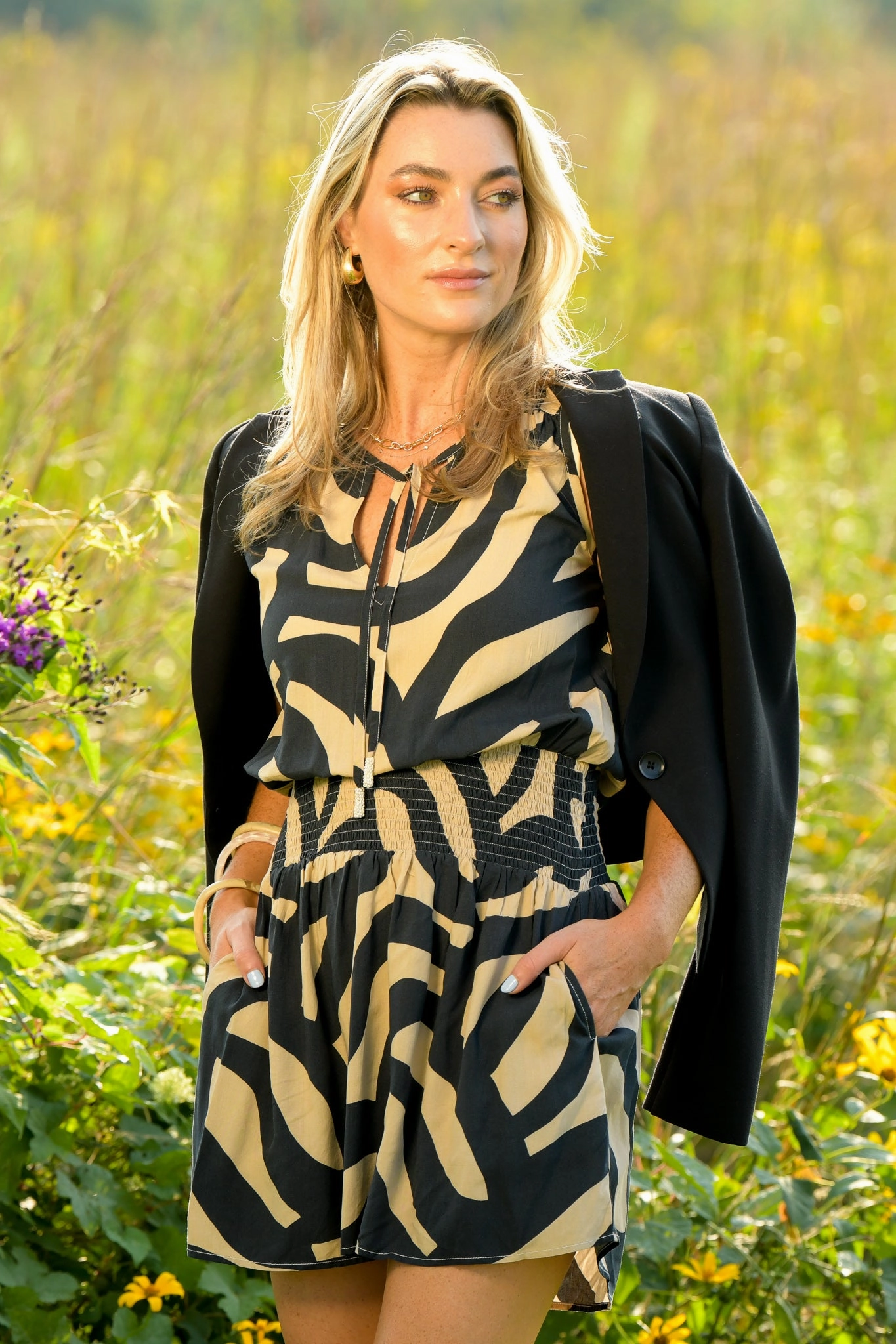 Remi Dress / Black & Taupe Mod Side Slit Cool Fabric