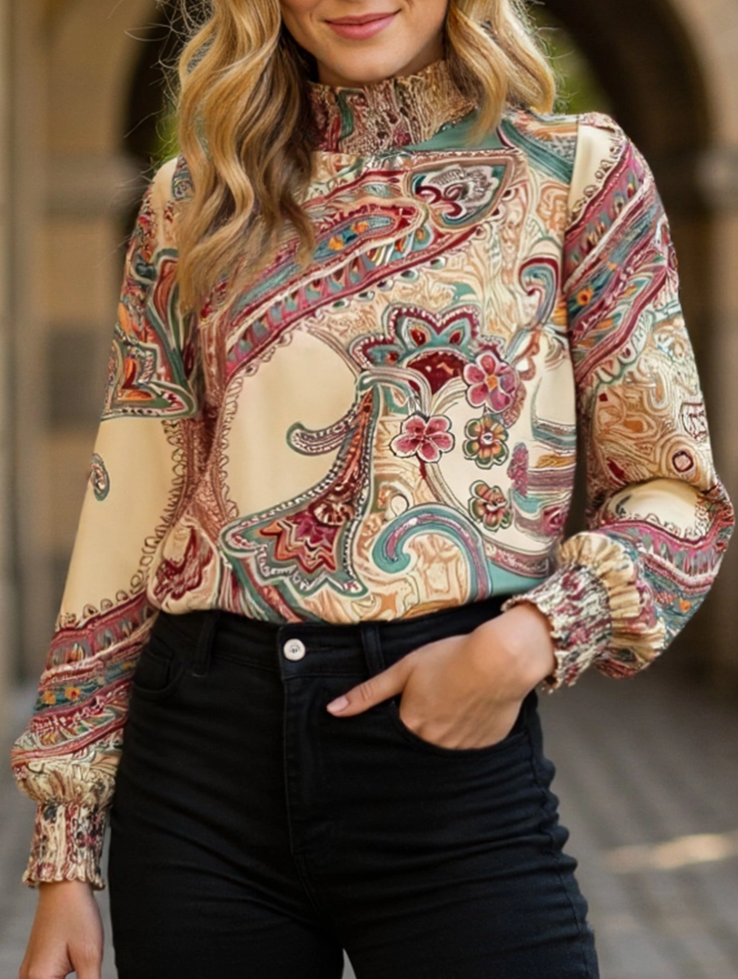 Retro Bohemian Print Turtleneck Long Sleeve Top Breathable mesh lining