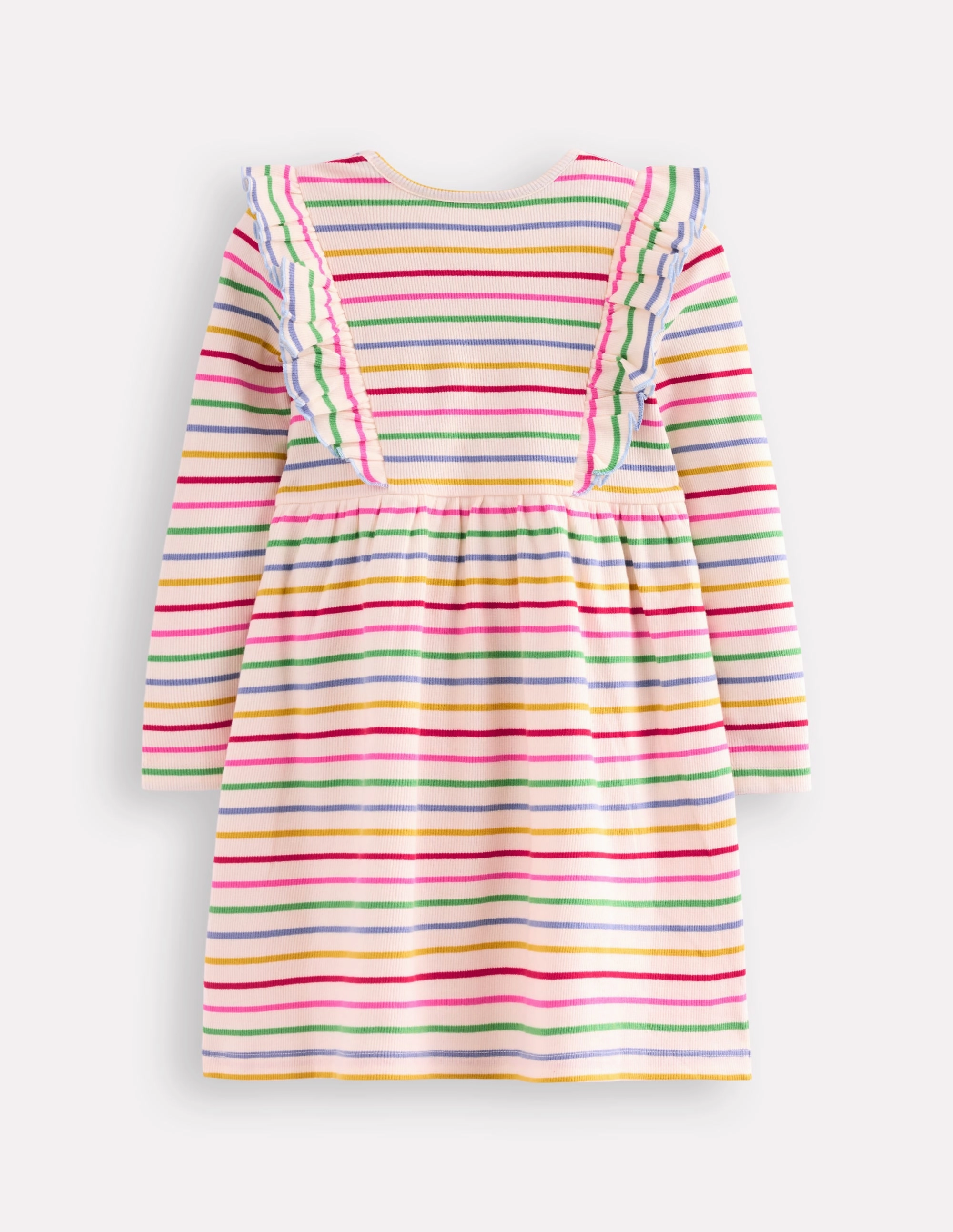 Modest Look Ruffle Rib Jersey Dress-Multi Rainbow Stripe