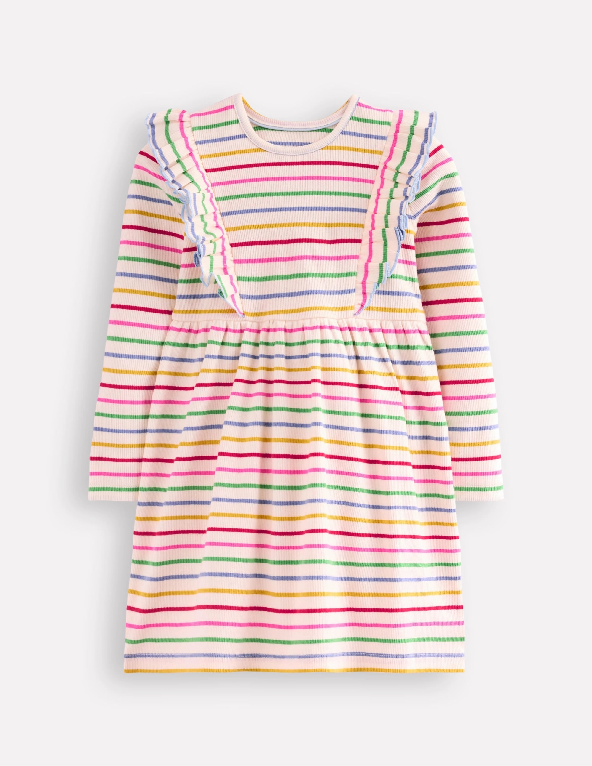 Quiet Glow Floating Shape Ruffle Rib Jersey Dress-Multi Rainbow Stripe