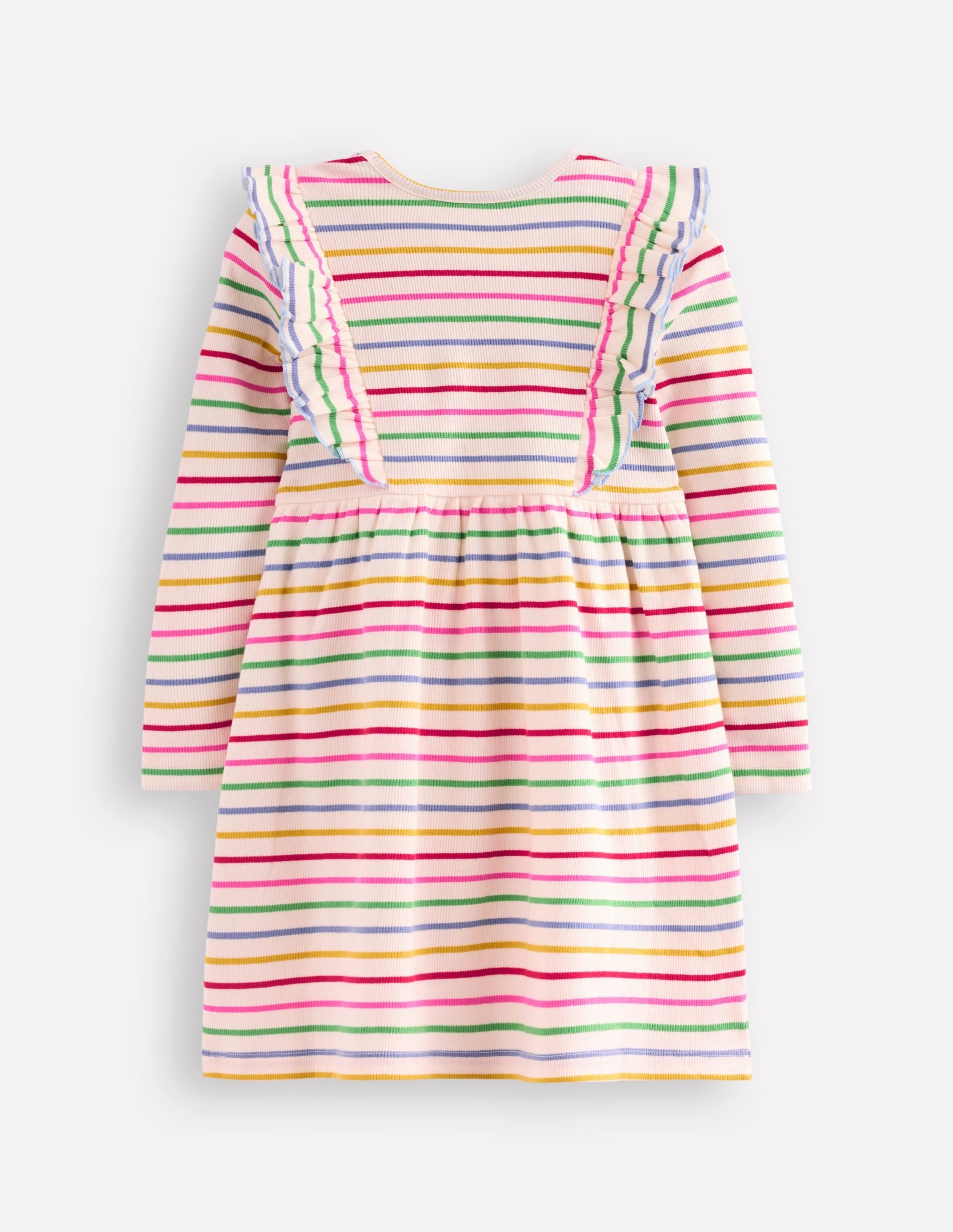 Office Mood Young Edge Ruffle Rib Jersey Dress-Multi Rainbow Stripe
