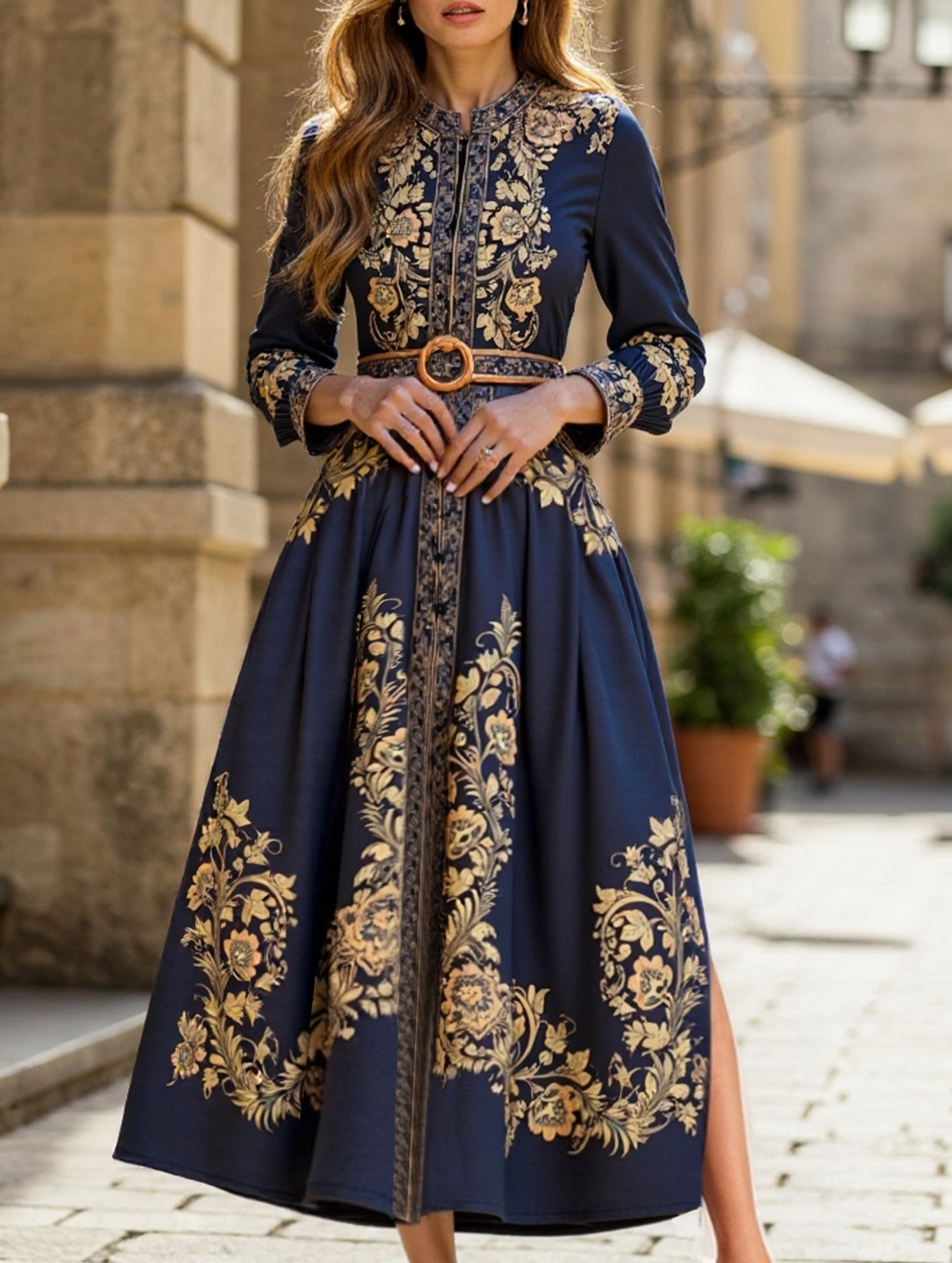 RETRO PALACE STYLE PRINT STAND COLLAR SLIT DRESS Body Flow Best-Seller